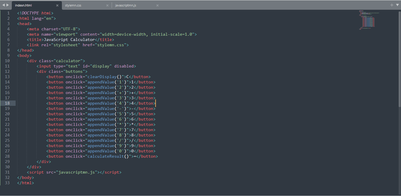 A simple JavaScript calculator interface with buttons for basic arithmetic operations